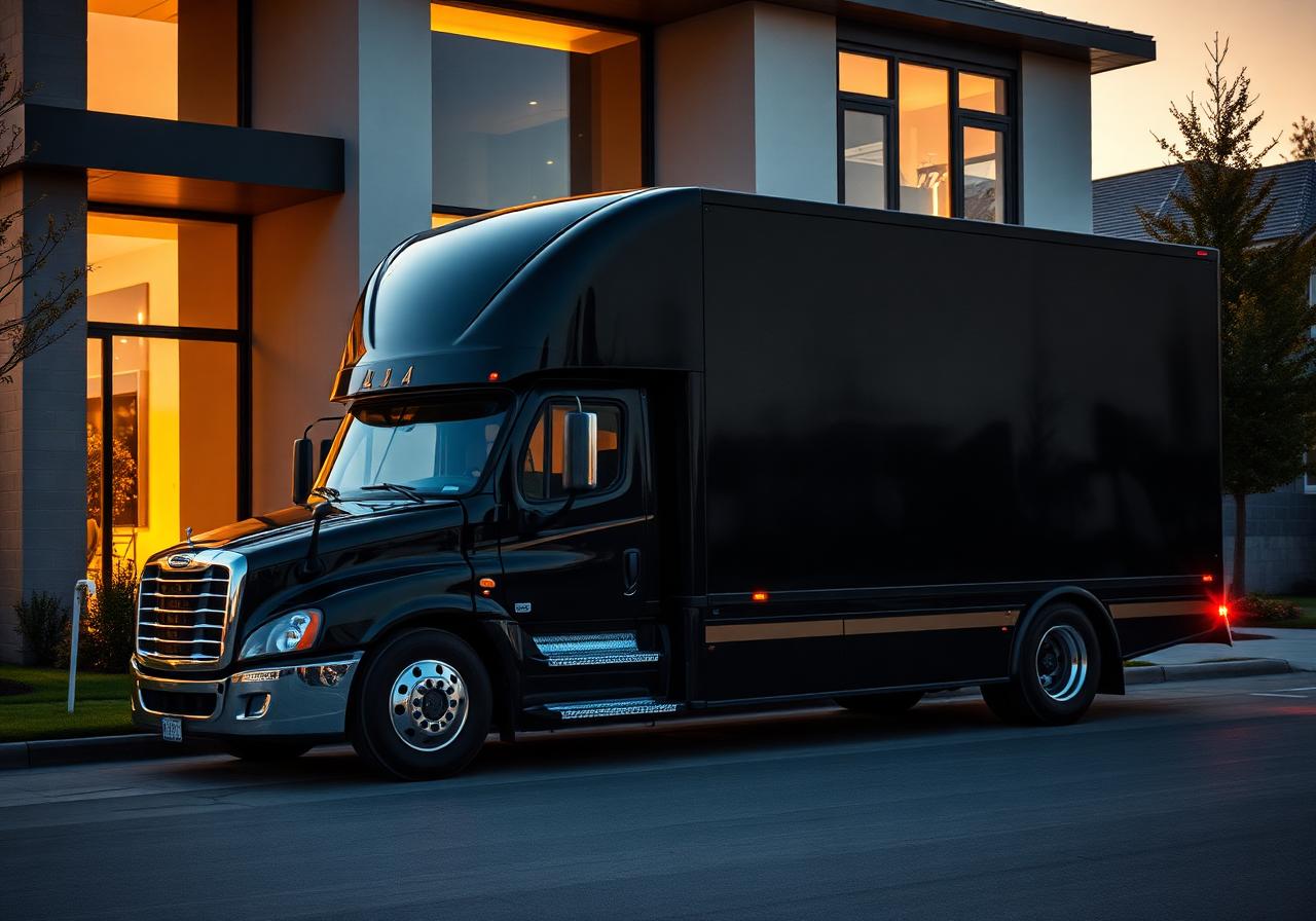 Premium black moving truck at golden hour